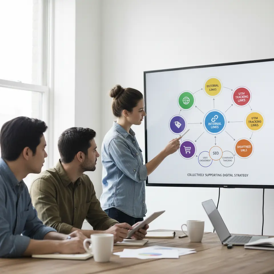 A colorful infographic depicting the six distinct marketing link types—Internal Links, External Links, Affiliate Links, UTM Tracking Links, Shortened URLs, and Vanity URLs—each represented by unique icons (e.g., chain link, globe, shopping cart, tag, scissors, branded domain) connected in a circular network to show how they collectively support SEO, user engagement, and campaign tracking.