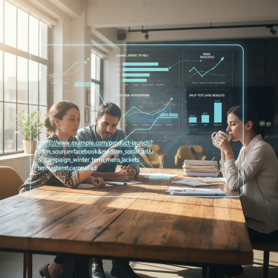 A dynamic visualization of the UTM tracking process: a sample URL with labeled parameters (utm_source, utm_medium, utm_campaign, utm_term, utm_content) feeding into a stylized analytics dashboard. The dashboard displays segmented bar charts and line graphs for channel effectiveness, cost-per-acquisition, ROAS, and split-test (A/B) results, illustrating how data flows from tagged links into actionable insights.