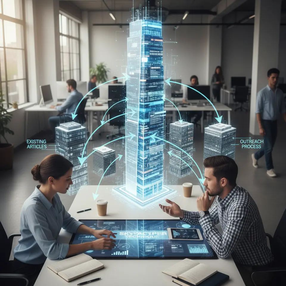 The Skyscraper Technique: a towering skyscraper of content rising above smaller buildings (representing existing articles), with arrows pointing from those buildings to the skyscraper—visualizing an upgraded, comprehensive resource and the outreach process to sites linking to the original.