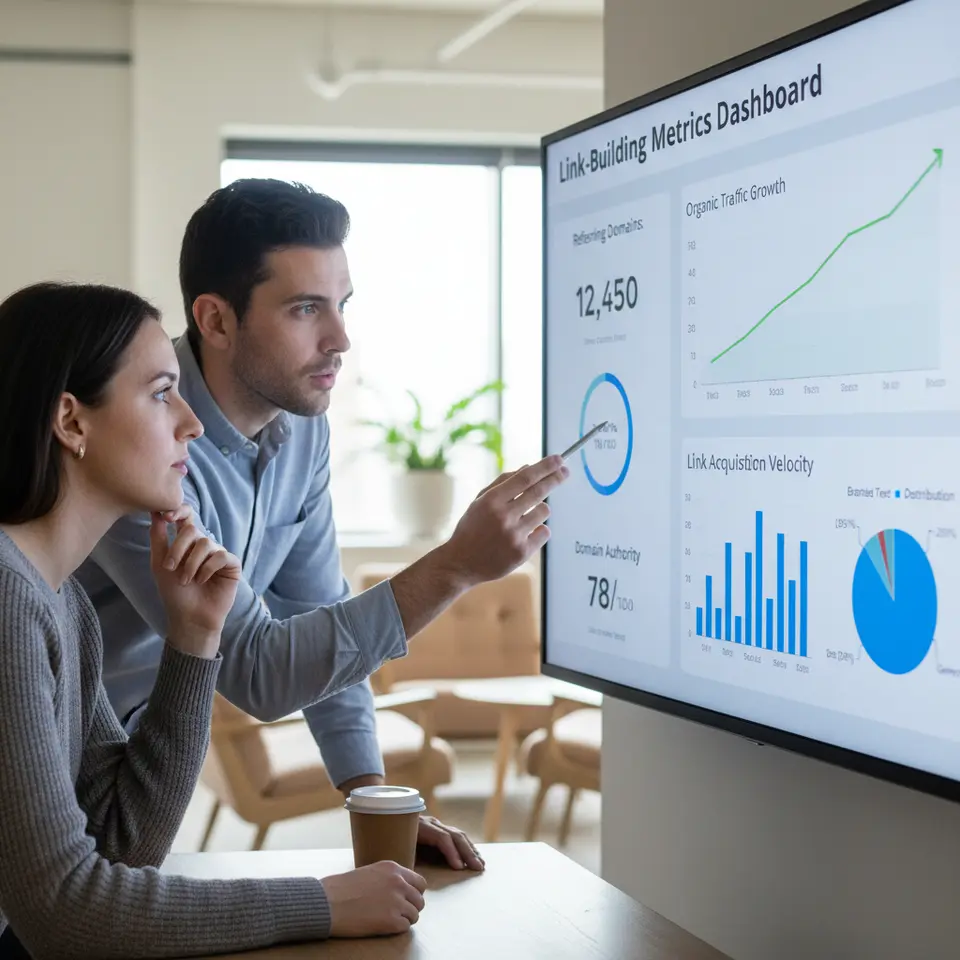 Link-Building Metrics Dashboard: a sleek digital analytics panel featuring a referring-domains counter, a domain-authority gauge, a line chart of organic-traffic growth, a bar graph of link-acquisition velocity, and a pie chart showing anchor-text distribution.