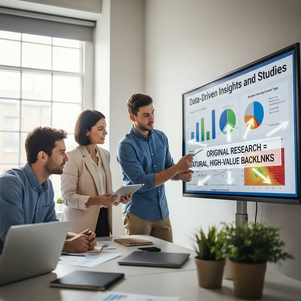 Data-Driven Insights and Studies: an infographic featuring proprietary survey results and charts—bar graphs, pie charts, and heatmaps—overlayed on an interactive dashboard layout, highlighting how original research attracts natural, high-value backlinks