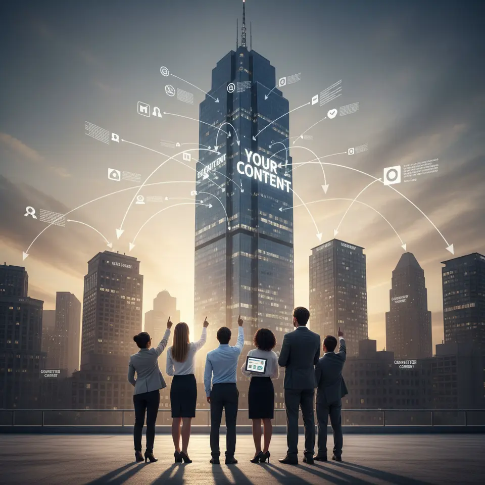 Applying the Skyscraper Technique – Illustrate a towering skyscraper labeled “Your Content” rising above smaller buildings marked “Competitor Content,” with multiple arrows or link icons from surrounding websites converging on the tallest tower to symbolize superior, data-rich content attracting high-value backlinks.