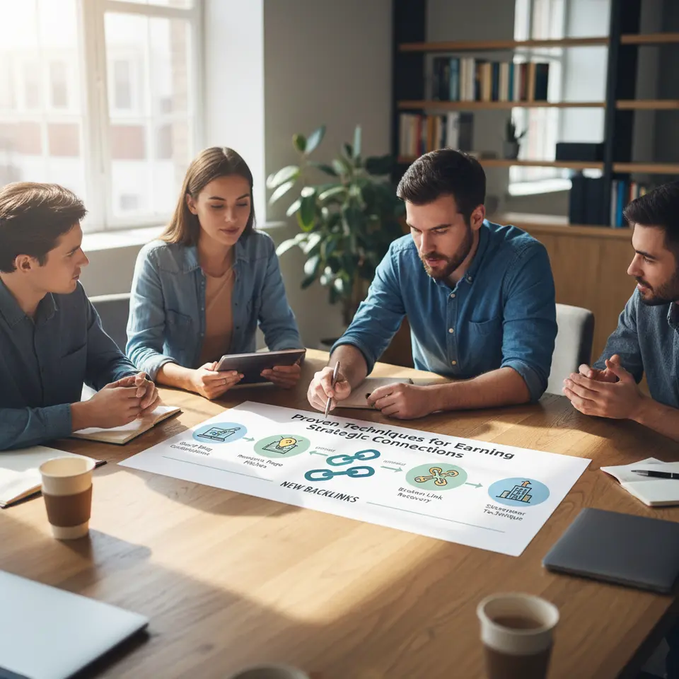 Proven Techniques for Earning Strategic Connections: An infographic illustrating four distinct link-building methods—guest blog contributions, resource page pitches, broken link recovery, and the skyscraper technique—with icons for each tactic and arrows showing how outreach leads to new backlinks.